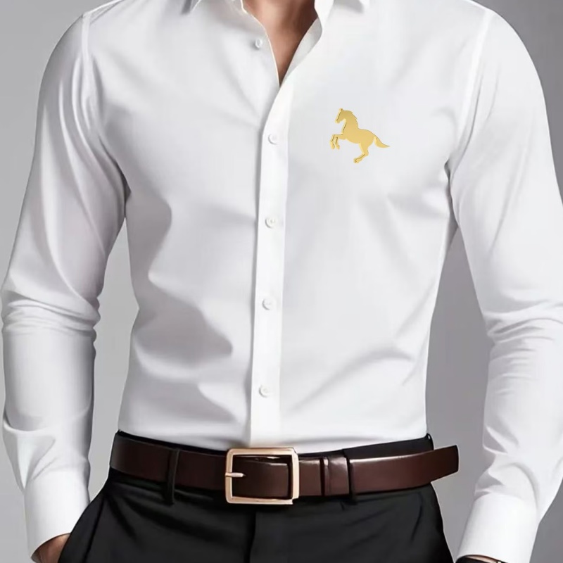 Men Formal Office Wear Shirts - Elegant Golden Horse Logo Print Men